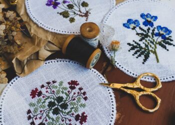 Madejas de hilo de bordar de colores y tijeras sobre la mesa de trabajo